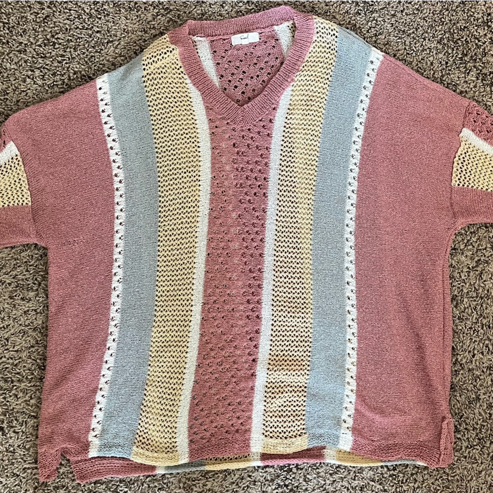 Striped Knit Sweater in Pink, Gray and Cream